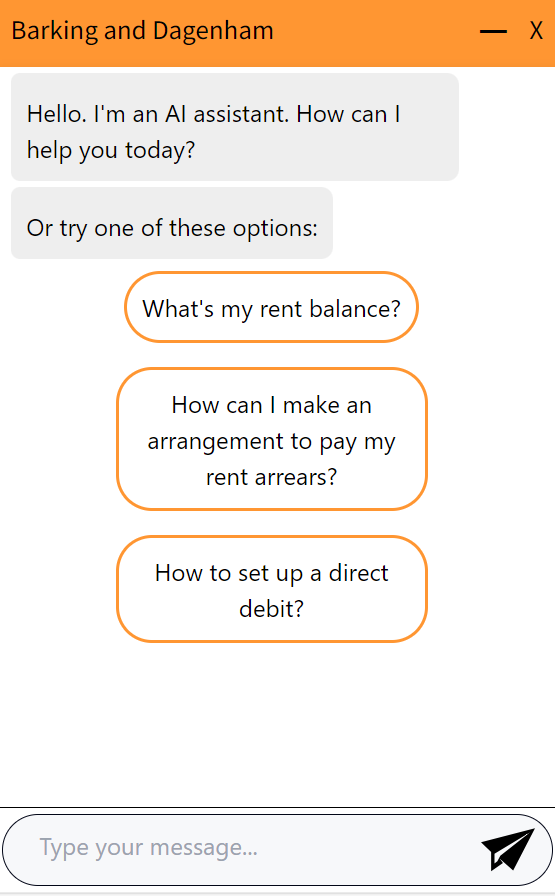 screenshot of the chat bot which offers prompts on rent options