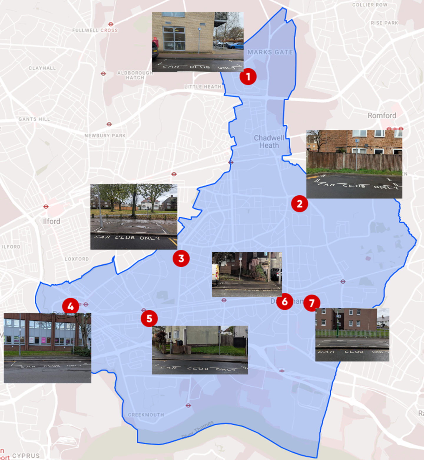 Map of car club bays in Barking and Dagenham