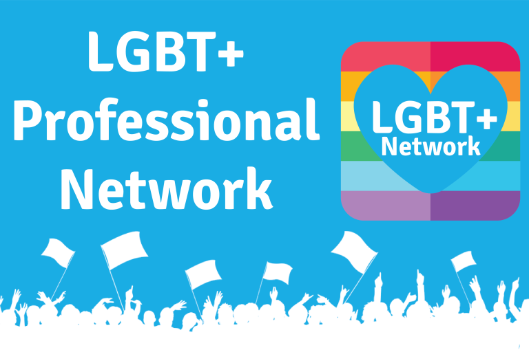 Written text: LGBTQ+ Professional Network next to a rainbow logo