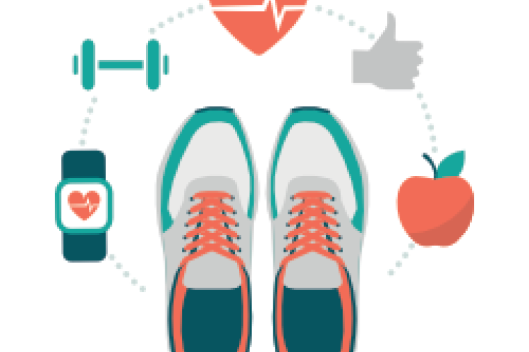 cartoon drawing of trainers, heart icon, apple, weights and a thumbs up