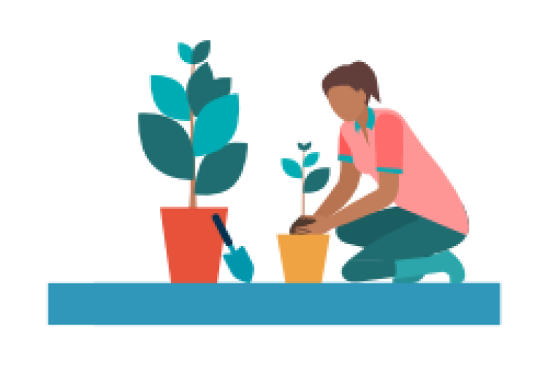 cartoon drawing of a woman gardening, putting plants into pots