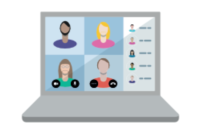 cartoon drawing of a computer with faces on it like a teams/zoom/skype call